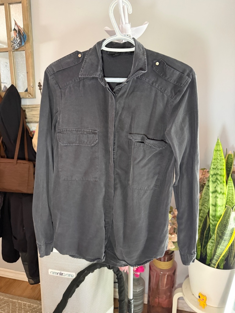 Zara Women's Dark Gray Button-Front Utility Shirt